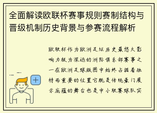 全面解读欧联杯赛事规则赛制结构与晋级机制历史背景与参赛流程解析 全面解读欧联杯赛事规则赛制结构与晋级机制历史背景与参赛流程解析